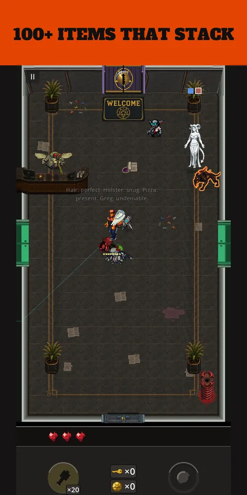 Greg in the Mammon Tower lobby with a companion at his side, a fly and a goblin closing in — caption: 100+ items that stack