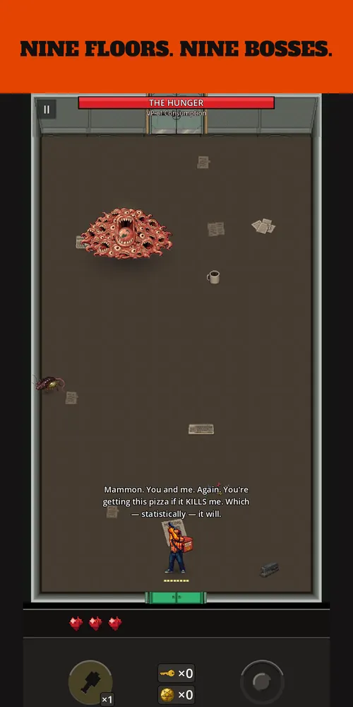 Greg facing The Hunger, a boss made of writhing flesh, across an empty office floor — caption: Nine floors. Nine bosses.