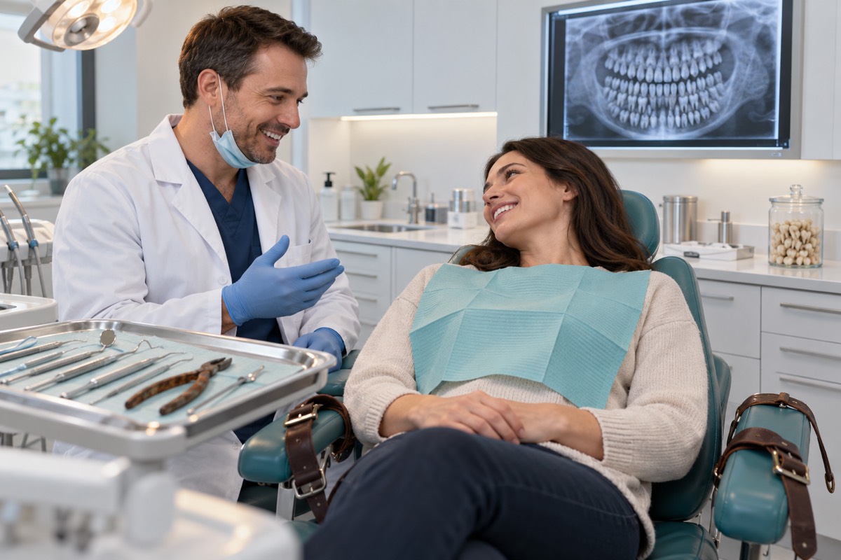A smiling dentist and a relaxed patient in a bright company dental clinic. The X-ray on the lightbox shows a jaw with far too many teeth.