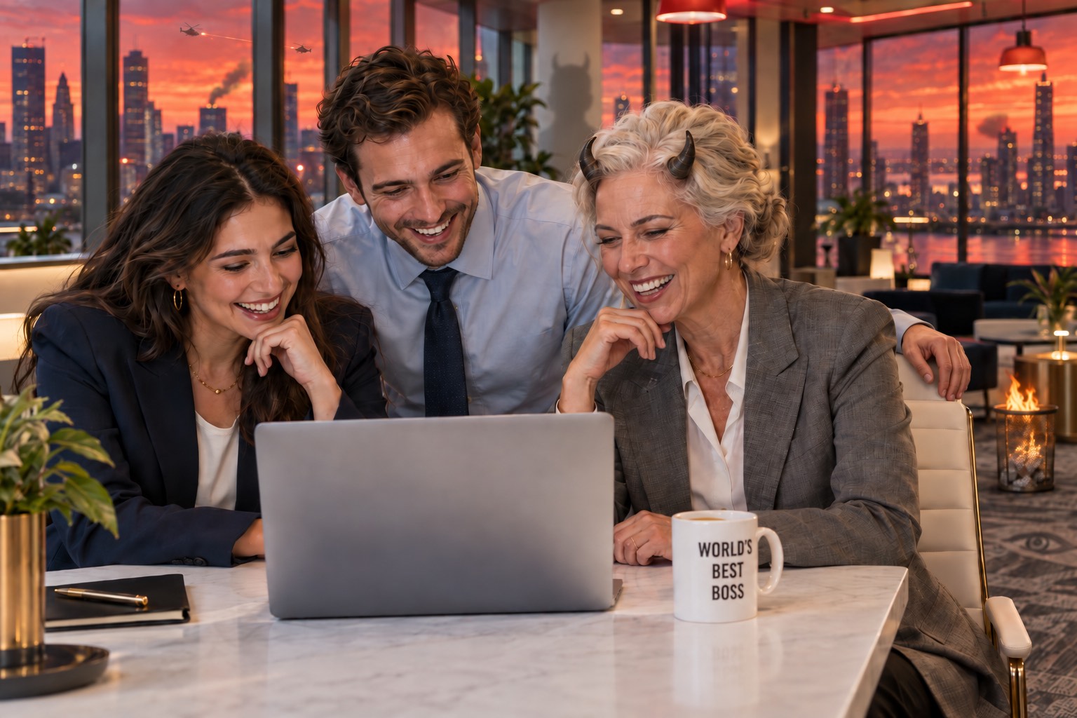 Three smiling colleagues in business attire around a laptop at a glossy meeting table, beside a mug that reads World's Best Boss. Only the older woman has small curved horns, but the man's shadow on the wall has horns too, and a third hand of his rests on the back of her chair. Through the window two distant helicopters trade fire, and a wastebasket in the background is quietly on fire