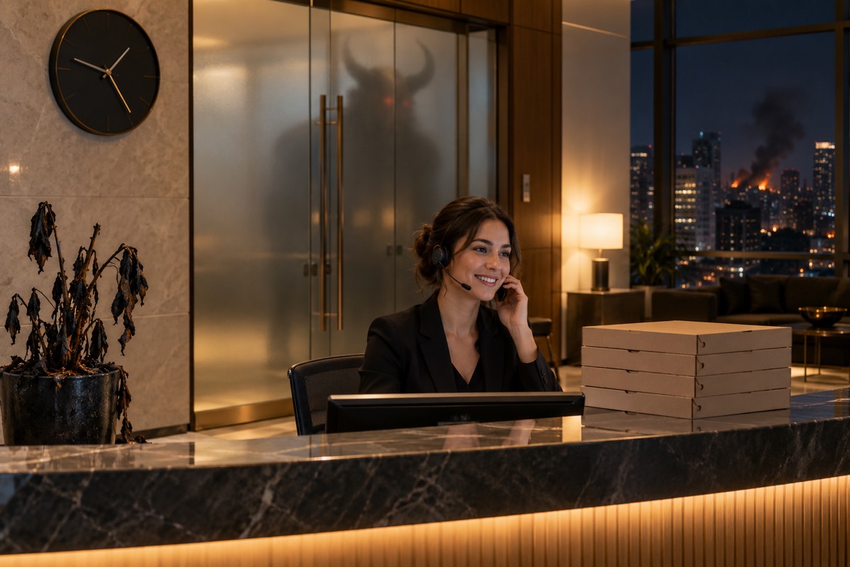 An executive assistant smiles at a reception desk stacked with pizza boxes. Behind the frosted doors stands a huge horned silhouette with red eyes