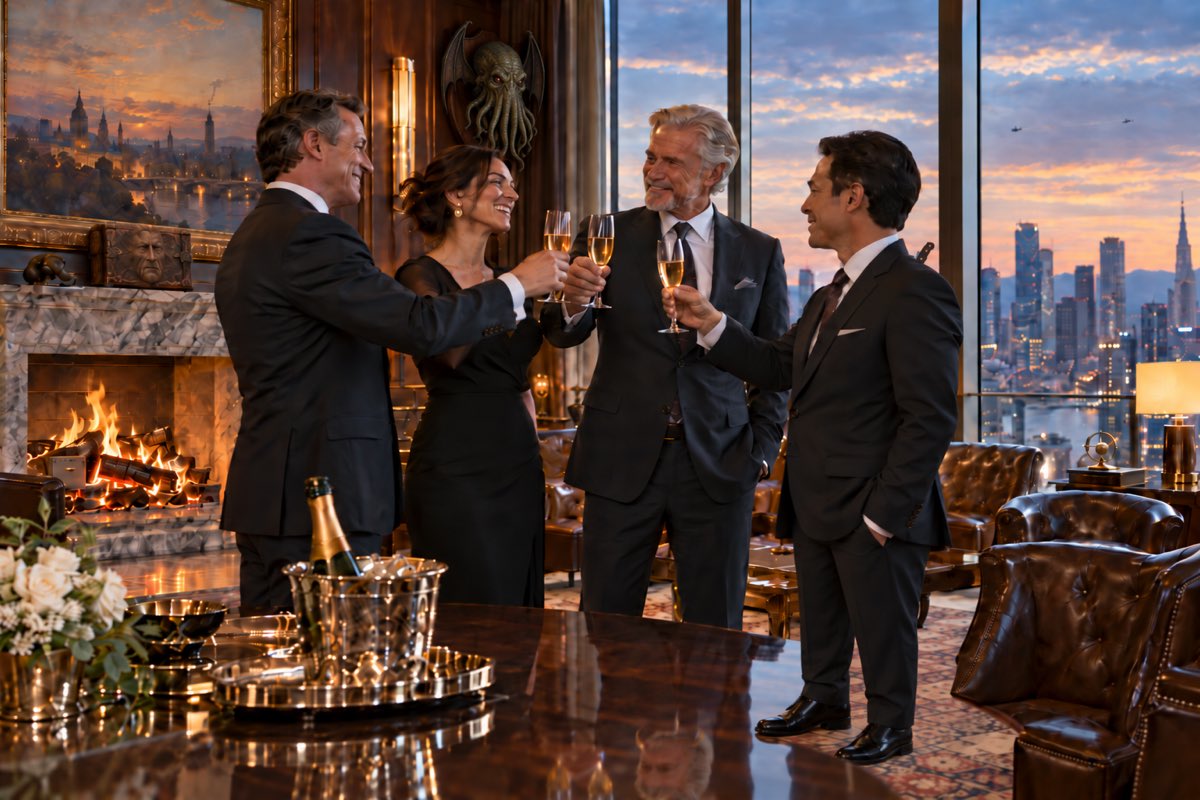 Four executives toast with champagne in a luxury lounge. Look closely: the trophy mounted on the wall is Cthulhu's head, a face-bound book sits on the mantel, a filing-cabinet drawer burns among the logs, a knife handle sticks up behind one smiling executive's shoulder, and his colleague's reflection in the table has horns