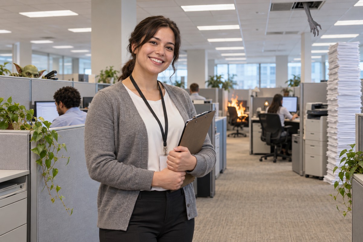 A smiling floor manager with a clipboard in a cubicle office. In the background a small green goblin peeks over a cubicle wall, and a chair is quietly on fire