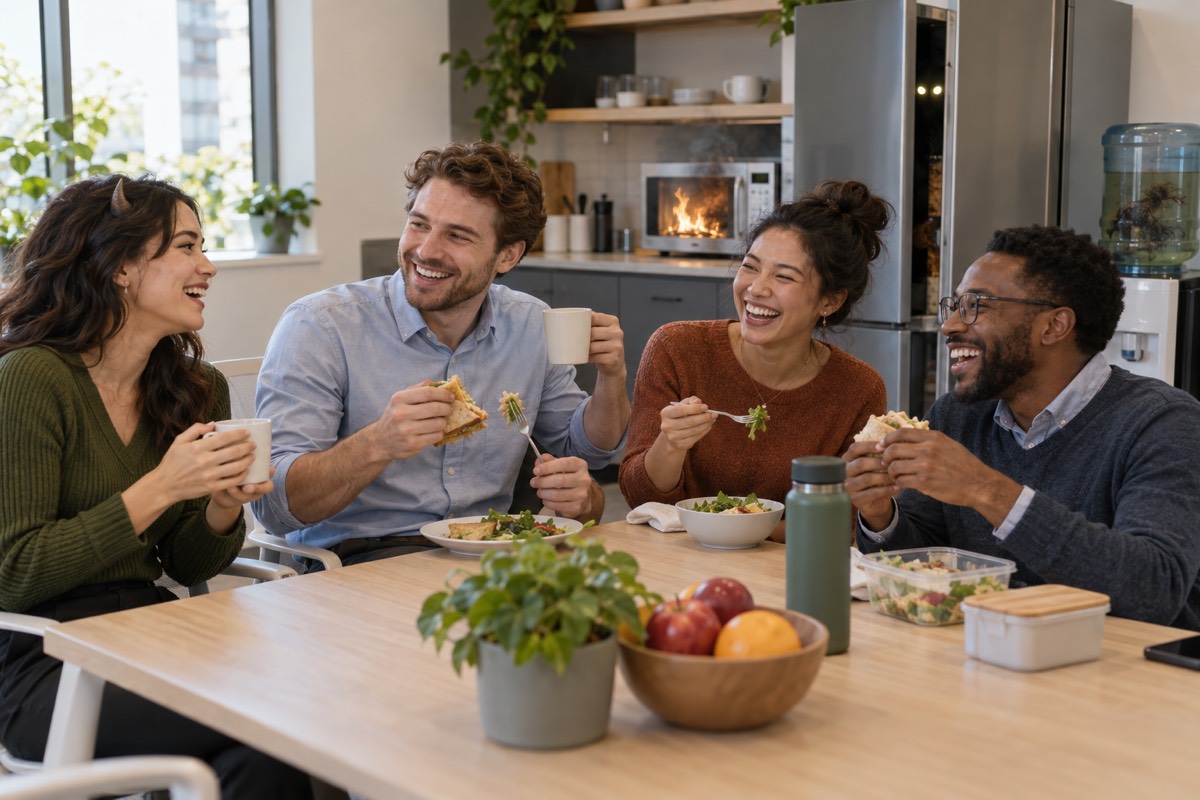 Colleagues laughing over lunch in the break room. Behind them the microwave is on fire, glowing eyes look out of the fridge, and one man holds his lunch with three hands