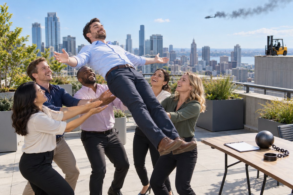 A rooftop team-building trust fall on a sunny day. A distant helicopter trails smoke, and a forklift stands alone at the edge of the roof