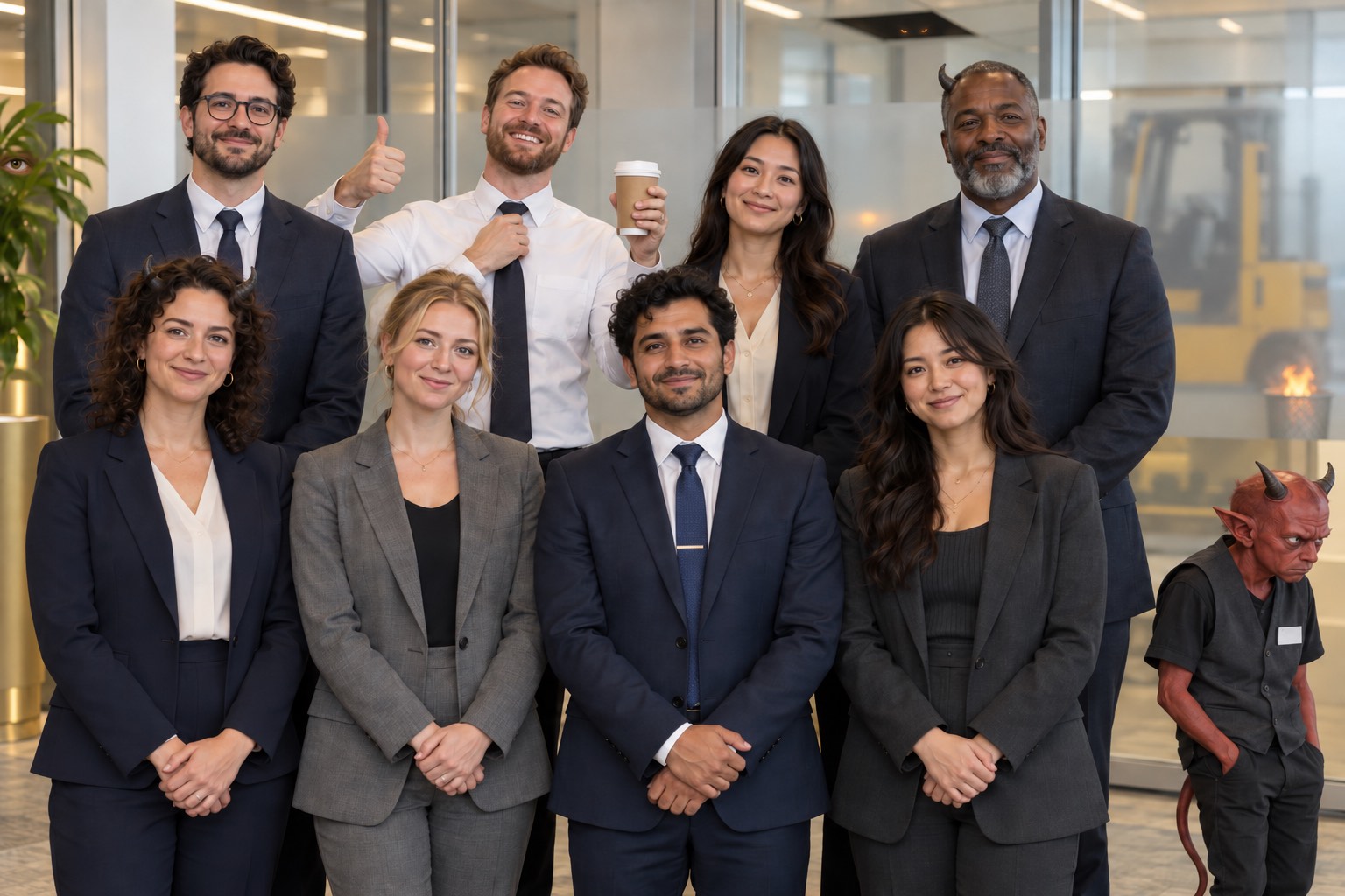Staff group photo in business attire in front of a frosted glass wall. Two of the staff have small horns, one accountant has three arms, and a small red imp in a retail vest stands off to one side. A ceiling tile is missing, a wastebasket burns behind the glass next to a forklift, and an eye looks out from the potted plant